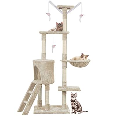 HOMIDEC Cat Tree, 145cm Cat Scratch Posts Multi-Level Stable Cat Climbing Tower Cat Activity Trees with Ladder, Indoor Pet Activity Furniture Play House for Kitty Kitten