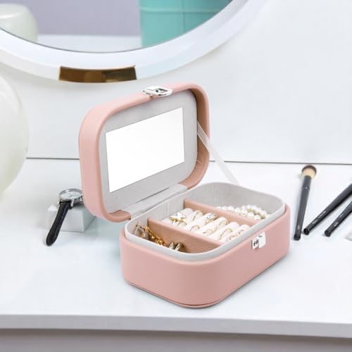 Image of BucketList PU Leather Jewellery Organizer Box with Mirror | Travel-Friendly Jewelry Storage Case with Ring Slots & Secure Lock (Travel Jewellery Box with Mirror (Pink))