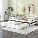 Merax Twin Size Platform Pine Wood Bed Frame with Twin Size Trundle for Boys and Girls,White