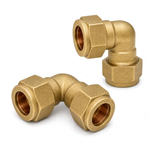 Image of Pipestation 15mm Compression Elbow Fittings, Pack of 2 – Solid Brass 90 Degree Pipe Connectors for Copper Pipe