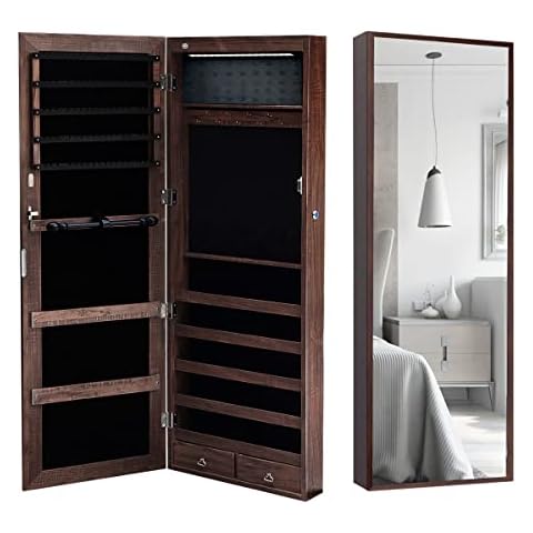 Vlush Jewelry Cabinet, LEDs Mirror Jewelry Armoire Organizer, Lockable, 47.3" Tall, Over The Door or Wall mounted, With 2 Drawers - Dark Brown Cover
