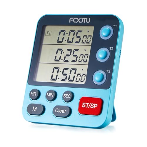 FCXJTU Digital Dual Triple Kitchen Timer, 3 Channels Count UP/Down Memory Timer, Large Display Cooking Timer, Loud Volume Alarm and Flashing Light with Magnetic Back, Stand, Battery Included (Blue)