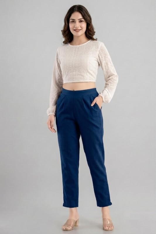 Image of Solid Cotton Woman Trousers Pants Regular Fit Kurti Pant with Drawstring Daily Office Formal Casual Use