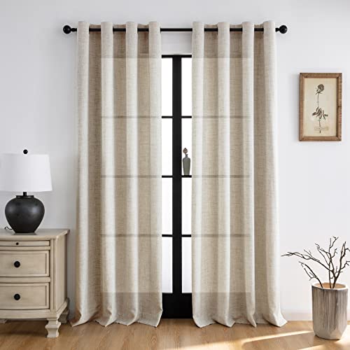 Melodieux Rideau Voilage - Voilage Beige Linenlook, Lot de 2, 140x245cm, Semi-Transparent Rideaux à Oeillets pour Chambre Salle à Manger