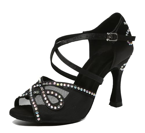 Minishion Latin Salsa Dance Shoes for Women Rhinestones Pattern Wedding Evening Sandals L624 Black 9cm Heel US 9.5