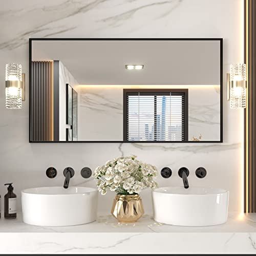 Loaao 55"X30" Black Rectangle Bathroom Mirror Wall, Matte Black Aluminum Alloy Frame, Tempered Glass, Hangs Vertically Or Horizontally, Easy To Install #TOP20