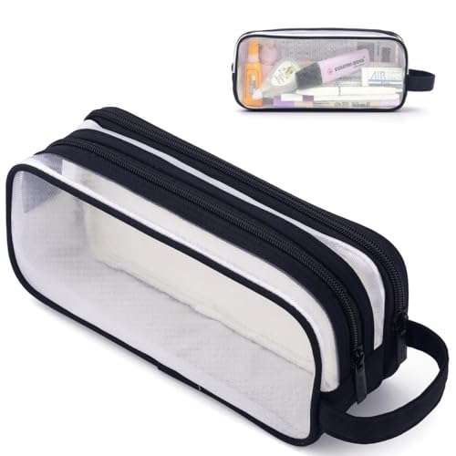 MAMUNU Mesh Pencil Case, Large Transparent Pencil Case with 2 compartments and Zipper, Clear Pencil Case for School College Home Office, Exam Pencil Case for Kids Boys Girls (Black)