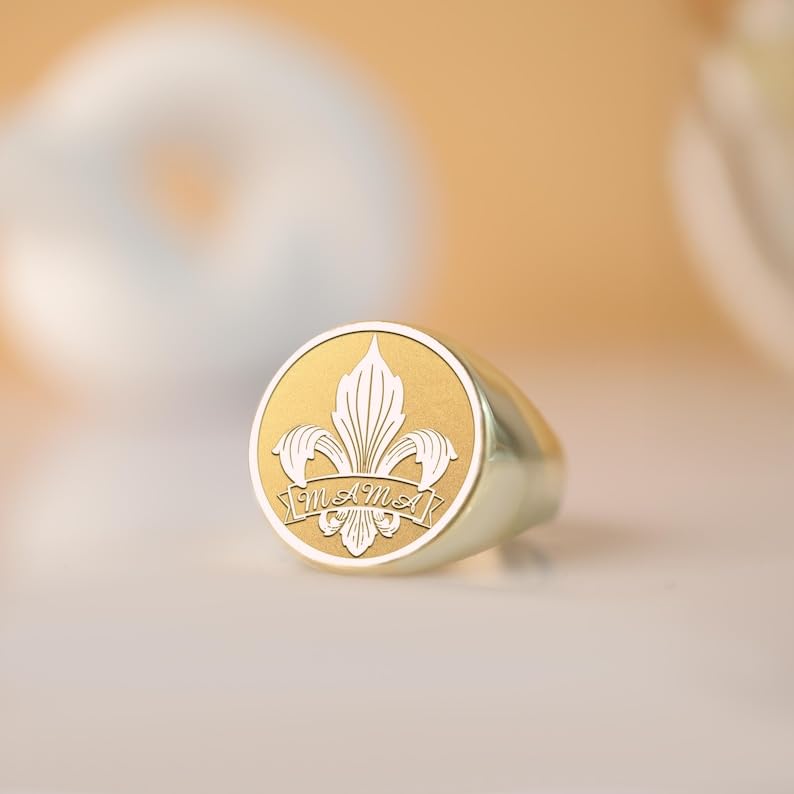 Bague fleur de lys chevalière en argent 925 plaqué or pour homme taille 5 à 12.5 US - 2
