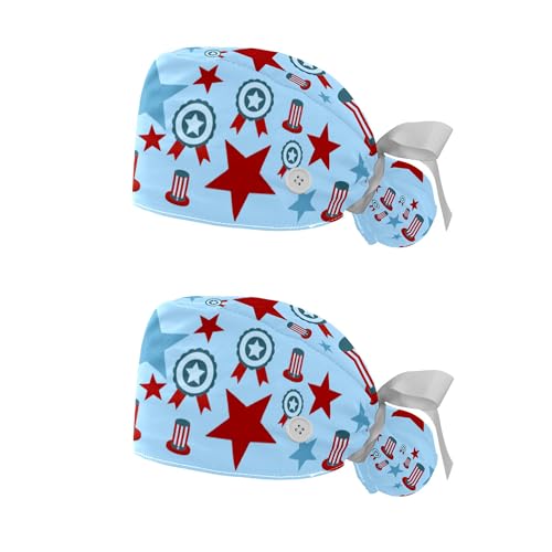 2 -Pack Scrub Caps Women with Button, Independence Day July 4th,Adjustable Bouffant Working Caps with Ponytail Holder Multicoloured