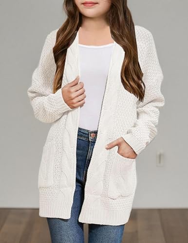 Girls Cardigans Open Front Long Sleeve Cable Knit Cardigan Sweaters Kids Chunky Cute Sweater Coat with Pockets4