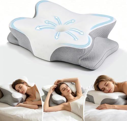 Image of Cervical Neck Pillow for Pain Relief - Ergonomic Memory Foam Pillow for Side Sleeper Contour Orthopedic Bed Pillow for Neck Support with Cooling Cover - Ideal Christmas Birthday Gift for Women Men