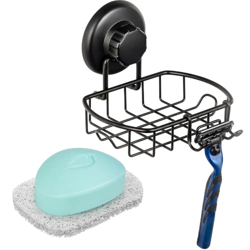 HASKO accessories Suction Soap Dish with Hooks - Super Powerful Vacuum Suction Cup Shower Soap Holder - Rustproof Stainless Steel SS304 Soap Basket - Sponge Holder for Bathroom & Kitchen (Black)