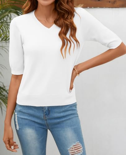 Image of Women Summer Knit Shirt Blouse V Neck Short Sleeve Pullover Sweater Tops