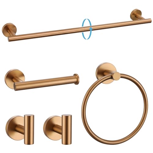 TURS Brushed Rose Gold 5 Piece Bathroom Hardware Set, SUS304 Stainless Steel 23.6 Inch Bath Towel Bar Set, Round Bathroom Accessories Kit Wall Mounted