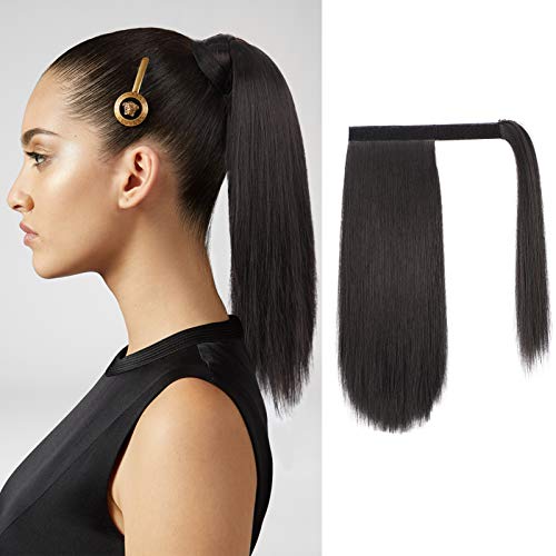 Isaic Straight Ponytail Extension Synthetic Wrap Around Clip in Hairpiece for Women (16 Inch, 1B)