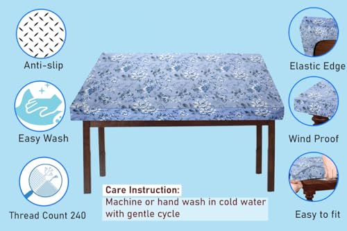 Image of The Furnishing Tree Elastic Cotton Square Dining Table Cover 44x44 in Inches Floral White Rose on Blue Base
