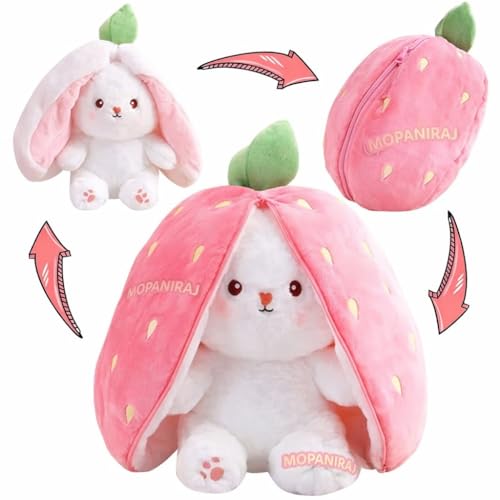 Image of 35cm Reversible Rabbit Strawberry Bunny Plush 3-in-1 Soft Toy with Zipper Stuffed Animal for Kids Girls Boys. Birthday Gift Room Decor Cuddly Teddy Bear Doll