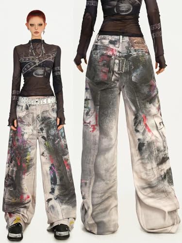 Y2k Unisex Vintage 3D Colorful Oil Print Graffiti Harajuku Grunge Wide Leg Jeans Hiphop Punk Loose Casual Denim Pants2