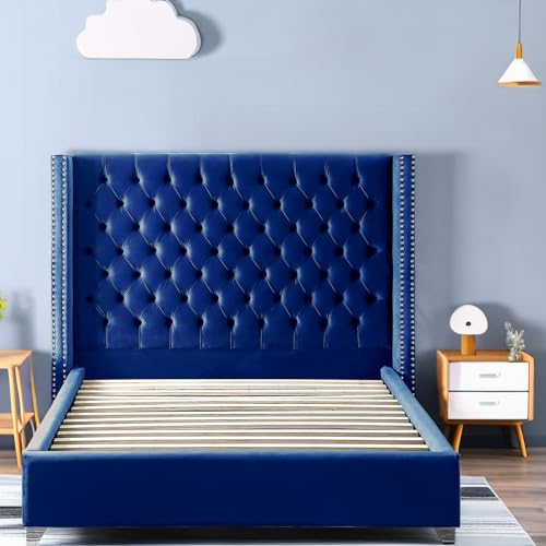 Tiiiopkvvv Modernes Samt-Polsterbett mit tiefen Knöpfen, Massivholz, hochdichter Schaumstoff, silberfarbenes Metallbein, Blau