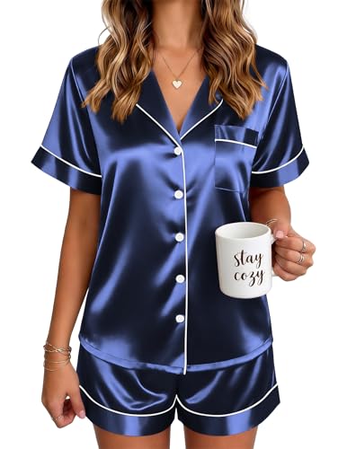 Image of Ekouaer Satin Pajamas for Women Silk Pjs Short Set 2 Piece Lounge Sets | Short Sleeve Button Up Sleepwear,Notch Collar,Sleep,Bridal,Maternity,Postpartum,Wedding Party,Daily,Working from Home,Gifts