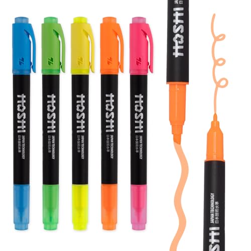 Thien Long Hoshi 5PCs Premium Fluorescent Dual Tip Highlighters, Assorted Aesthetic Colors Highlighter Set, High Ink Capacity, No Bleed, Quick Dry for Arts, Craft Projects