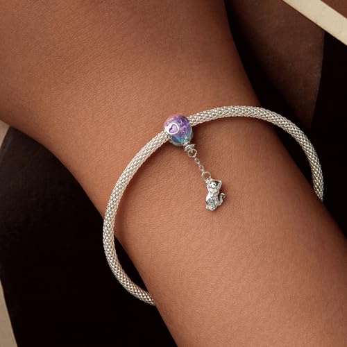 Dije de gato volador en plata de ley 925 con globo morado para pulseras 7