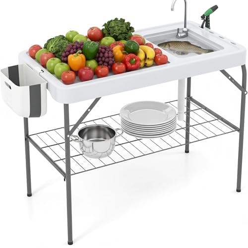Garvee Folding Fish Cleaning Table with Sink, Portable Outdoor Fillet Station Camping Sink Table with Faucet, Drainage Hose & Sprayer, Grid Rack for Picnic Fishing Camping White
