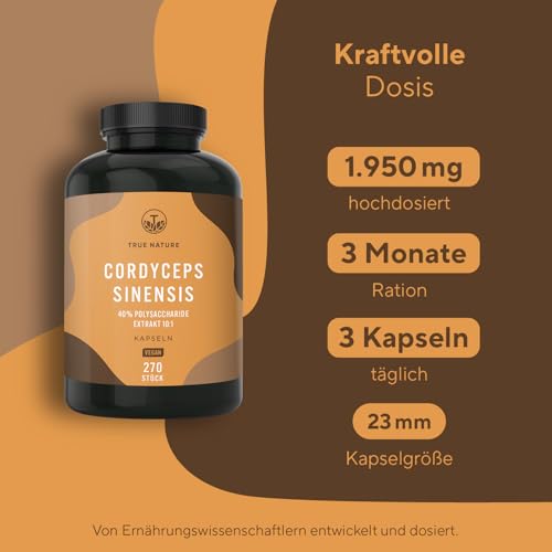 Cordyceps Kapseln hochdosiert - 270 Stück - 19.500mg pro Tag (10:1 Extrakt) - mit 40% bioaktiven Polysacchariden - Vegan - TRUE NATURE