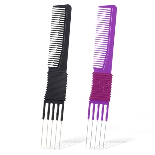 ZEYIYER 2 PCS Comb with Metal Prongs, Black Purple Lift Teasing Comb, Hair Backcombing Combs for Women Men Hair Salon Styling