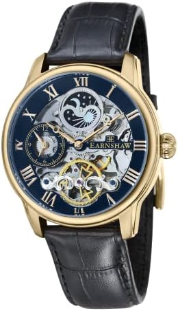 Thomas Earnshaw Mens 44mm Longitude Dual Time Automatic Skeleton Watch with 12 Hour Dual Time, Sun & Moon Display and Decorated Rotor