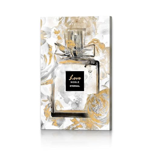 Image of HILL WEST Perfume Bottle Canvas Wall Art - Fashion Picture Elegant Gold Floral Painting Contemporary Prints Glam Modern Artwork for Girls Makeup Room Bedroom