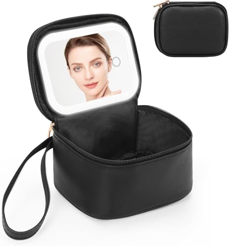 Relavel Estojo de maquiagem, bolsa de maquiagem com espelho de LED, 01 - Preto, 1-Mini, Bolsa de maquiagem portátil para viagem