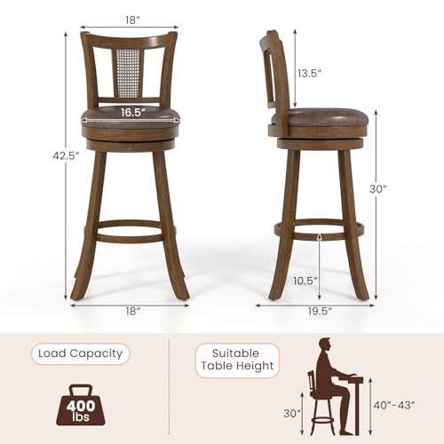 Butacos Giantex de 30 pulgadas, juego de 2 butacos giratorios para barra con respaldos de ratán PE, reposapiés y estructura de madera de caucho, tapizados en leathaire, estilo rústico para isla de cocina, comedor o pub, color marrón miniatura 3