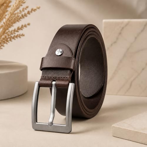 Image of Men's Genuine Leather Belt with Classic Metal Buckle, Adjustable Casual and Formal Waist Belt for Jeans, Trousers and Office Wear