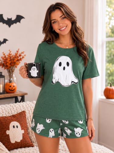 UNIQUEONE Women Halloween Pajamas Ghost Short Sleeve Sleepwear Lounge Set - image 5
