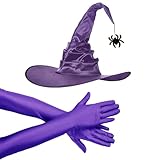 XFSRG Sombrero de Bruja y Guante de Bruja Conjunto Disfraz Halloween Mujer Accesorio Satinado Puntiagudo Complemento Fiesta Carnaval Adulto(Morado)