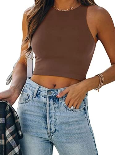 Women’s Sexy Sleeveless High Neck Racerback Cropped Tank Tops Cute Teen Girls Halter Neck Crop Tops Vest Coffee Medium