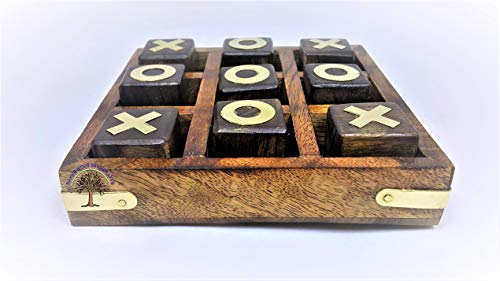 Image of Handcrafted Rosewood Tic Tac Toe Board Game, Sheesham Wood Construction, Classic Family Game with Glass Marbles (5x5inch)