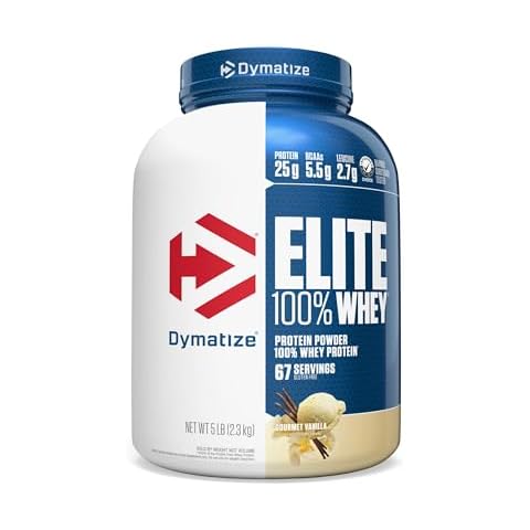 Dymatize Elite 100% Whey Protein Powder, 25g Protein, 5.5g BCAAs & 2.7g L-Leucine, Quick Absorbing & Fast Digesting for Optimal Muscle Recovery, Gourmet Vanilla, 5 Pound, 67 Servings Cover