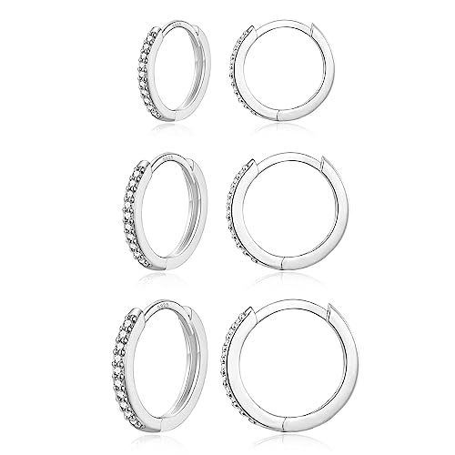 Orecchini da donna in argento 925, ipoallergenici, piccoli Huggies, in oro con zirconi, per uomo e donna, 6 mm/8 mm/10 mm, 6+8+10mm, Oro bianco