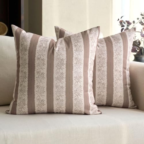DOMVITUS Floral Pillow Covers 18x18 Inch Set of 2, Vintage Striped Block Print Decorative Throw Pillow Covers Neutral Farmhouse Boho Home Decor for Couch Sofa Bed Living Room, Brown
