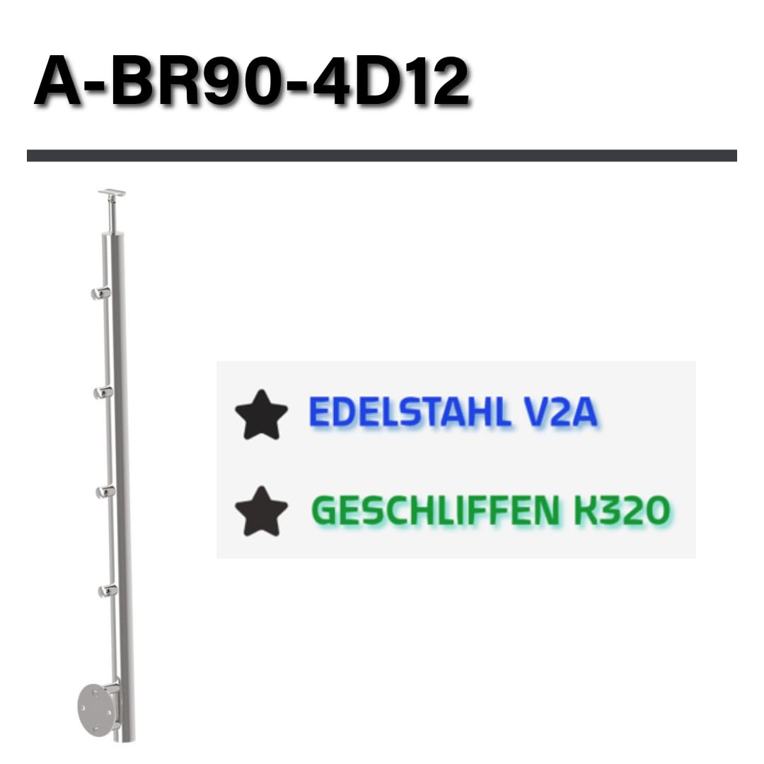 Sellon24® Pali in acciaio inox Ø 42,4, altezza 900 mm, con 4 supporti trasversali Ø 12,0, ringhiera V2A, balcone laterale, tubo rotondo per terrazze, piastra di supporto