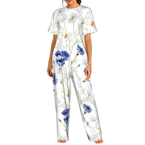 Pyjama court femme motif bleuets marguerites imprimé floral