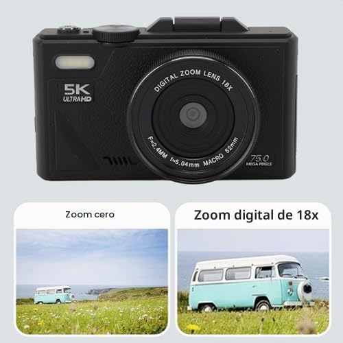 Cámara Digital de 5k, Cámara de Vlogging de 75MP, con Zoom de 18x, Pantalla de Flip de 3 Pulgadas, Cámara Compacta HD, para Fotografía de Viaje (Black)