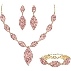 Lampara Araña Rosa EVER FAITH Juegos de Joyas Mujer Rhinestone Cristal Hoja Lámparas de Araña Conjunto de Collar Aretes Pulsera para Boda Novia Rosado Tono Dorado
