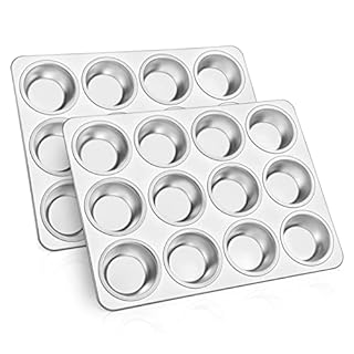 TeamFar 12-Cup Muffin Pan, Stainless Steel Cupcake Pans Muffin Tin Set for Oven Baking Mini Brownies Quiches Tarts, Non Toxic & Regular Size, Dishwasher Safe – Set of 2