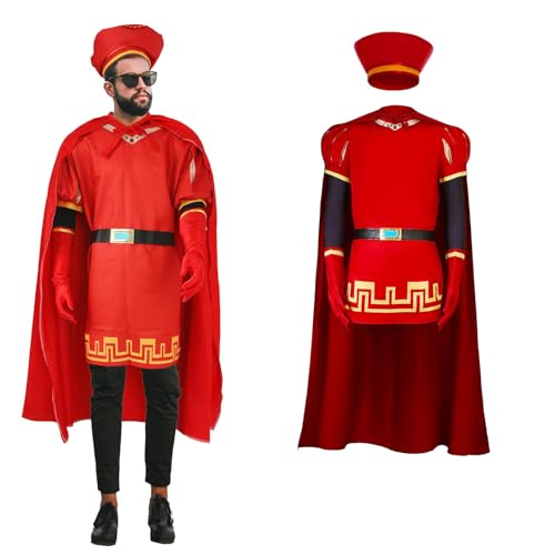 Xyeyo 6PCS Adult Lord Farquaad Costumes Outfits with Hat Shirt Cape Gloves King Cosplay Suit Men Funny Dress Up Halloween Carnival (XXL), XX-Large, Red