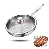 IDAMAKON Premium Uncoated Titanium Bratpfanne,28cm Dreilagige Edelstahl Pfanne Bratpfanne mit Deckel, Titan Pfanne Unbeschichtet Kratzfeste Antihaftpfanne Gehämmerte für Alle Herdarten Geeignet
