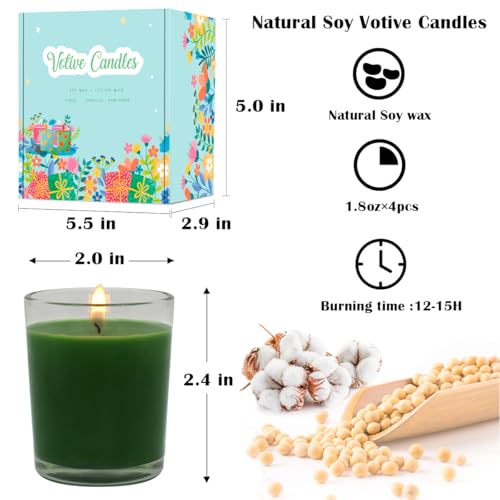Image of 4 Packs Unscented Green Votive Candles in Glass, 2 Inch Natural Soy Wax Scentless Candles for St. Patrick's Day Wedding Party Home Holidays Relaxation Spa, 12-15 Hour Burning Time