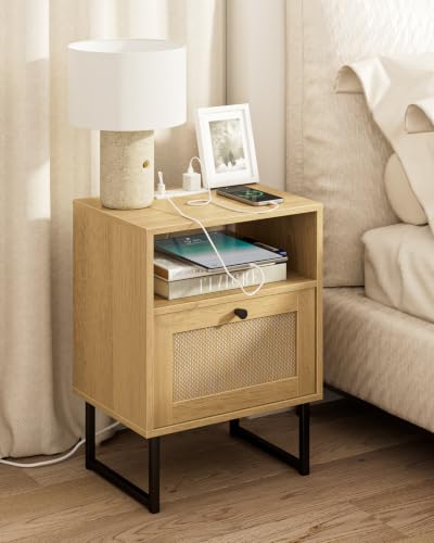 Image of Masupu Rattan Nightstand with Charging Station, Modern Boho Farmhouse Wood Bedside Table with Storage Drawer and Open Shelf, Side End Table for Bedroom, Office (Natural)